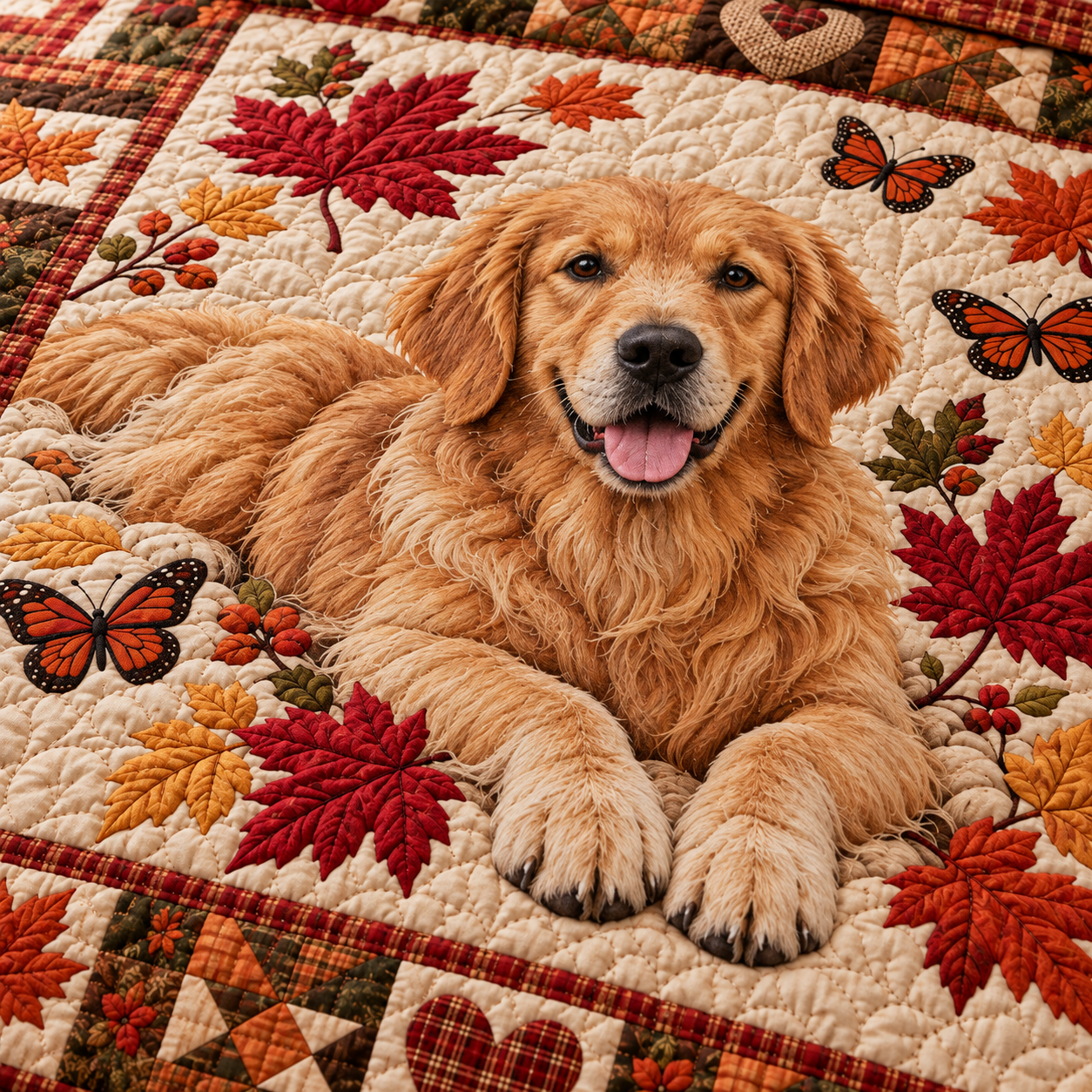 Golden Retriever puppy quilt bedding detail photo showing printed artwork and coordinated design elements