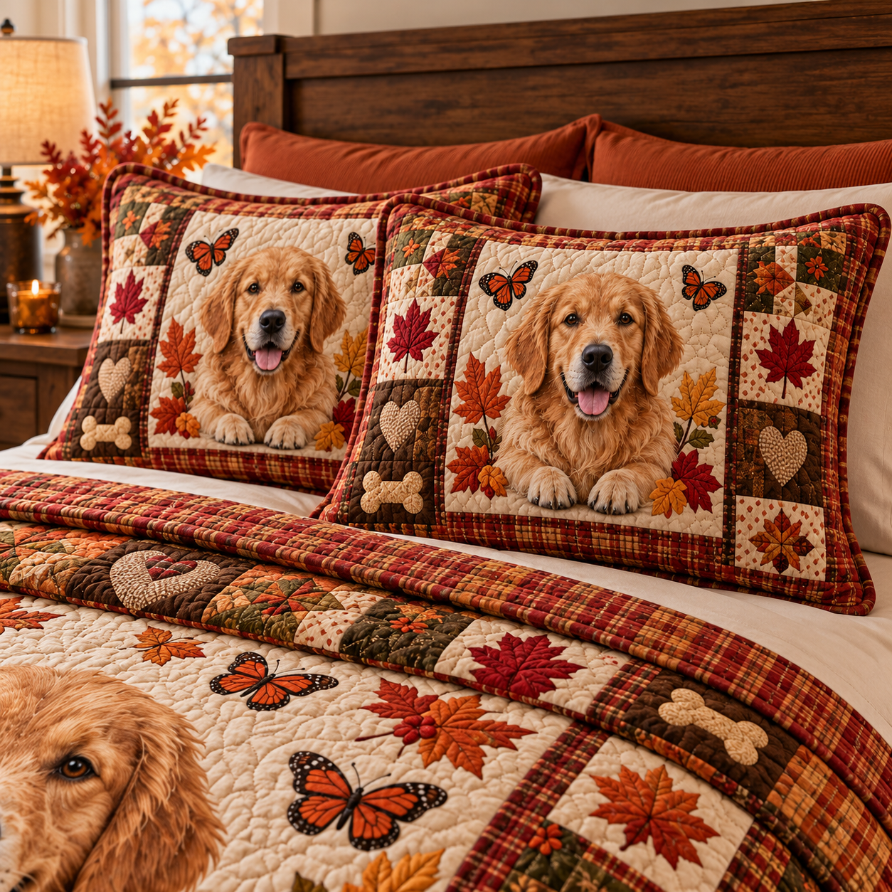 Golden Retriever puppy quilt bedding fabric and stitching close-up with coordinated decorative details