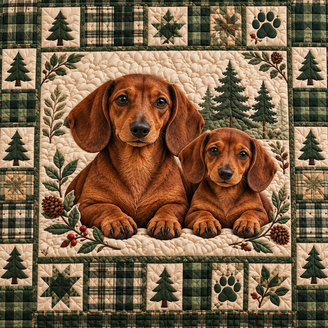 Close-up of two red-brown Dachshunds on a stitched forest green plaid quilt with pine trees, pinecones and paw print patchwork
