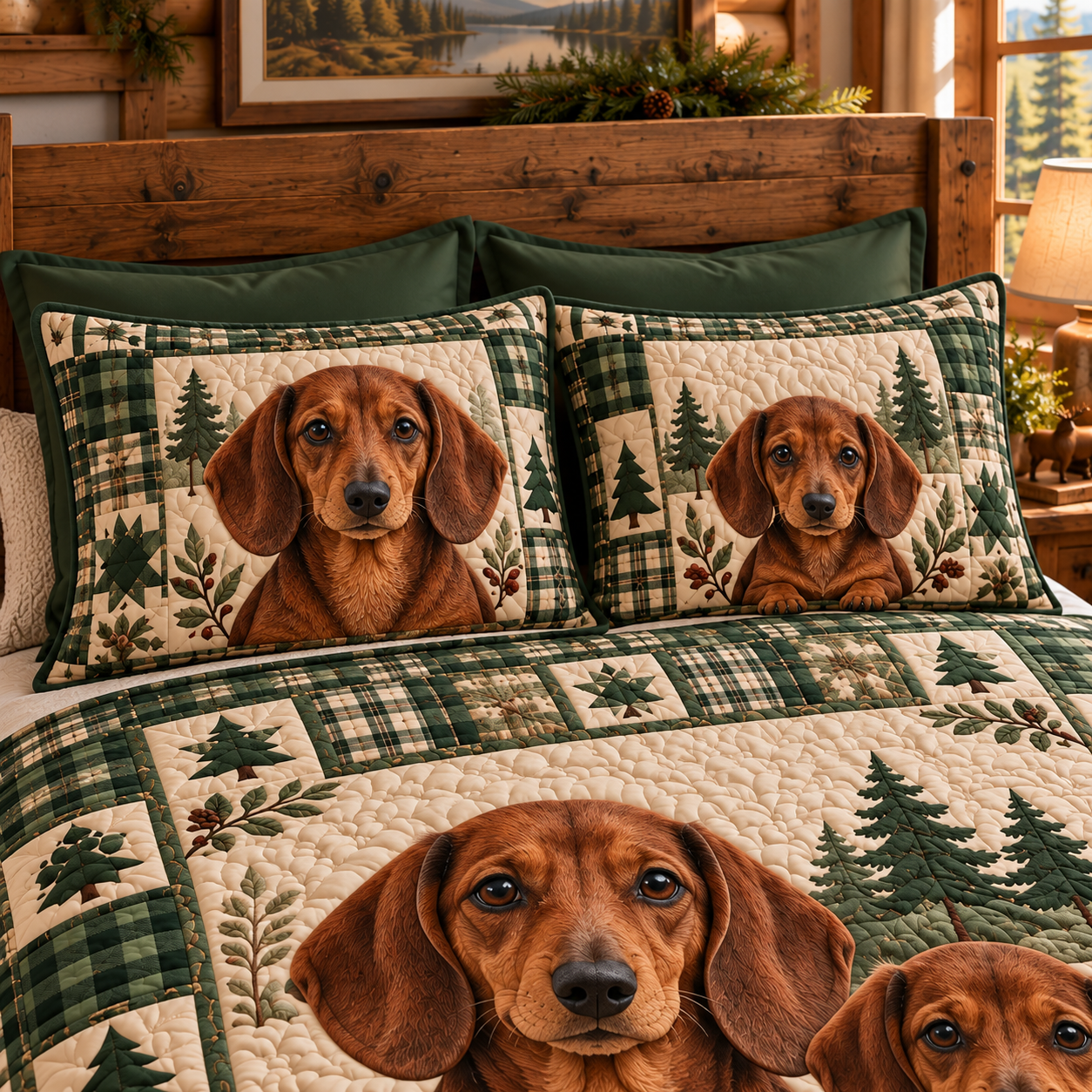 Two coordinating Dachshund pillow shams in forest green plaid and pine tree patchwork with textured quilt stitching