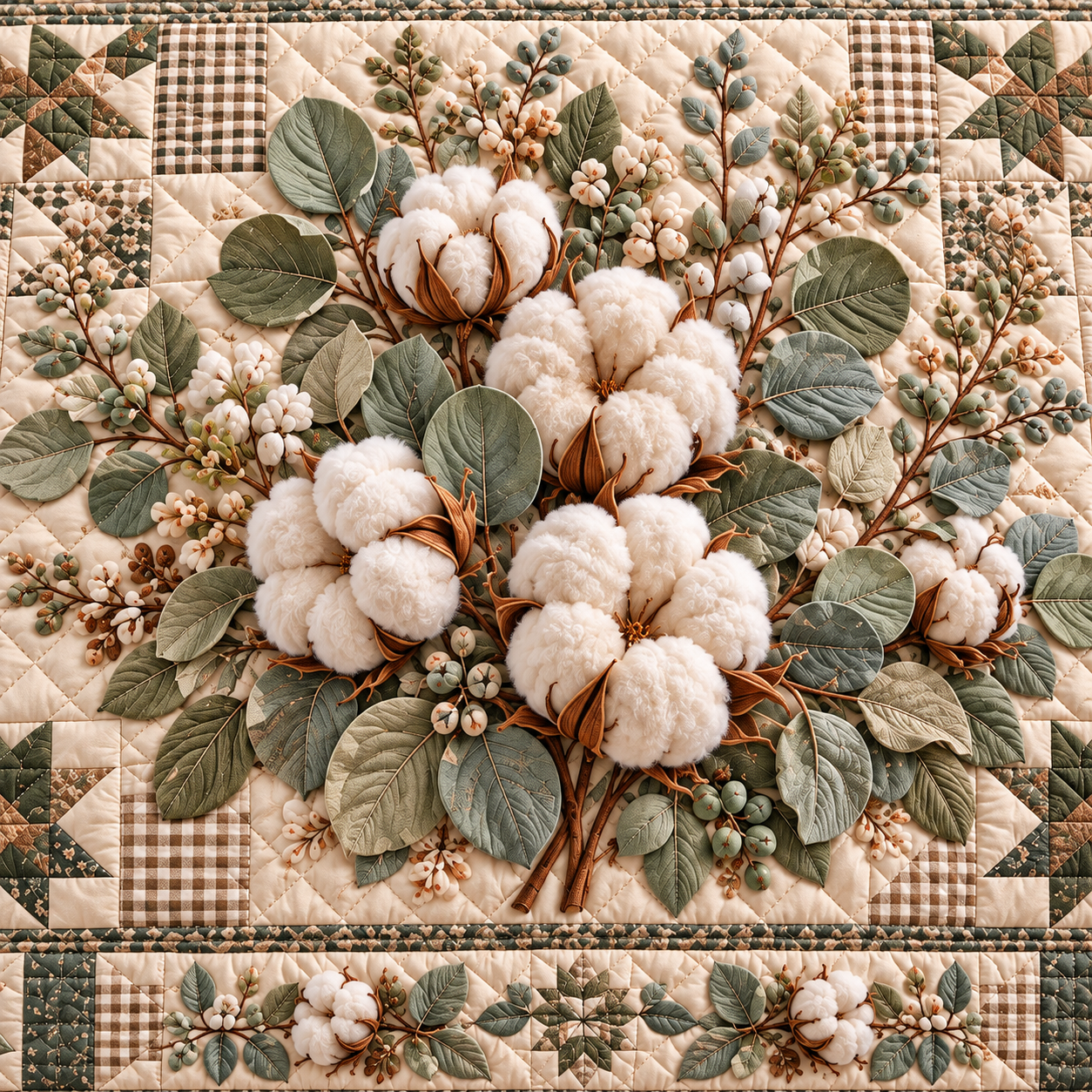 Close-up of central cotton boll bouquet, sage green leaves, beige gingham star patchwork and diamond quilt stitching