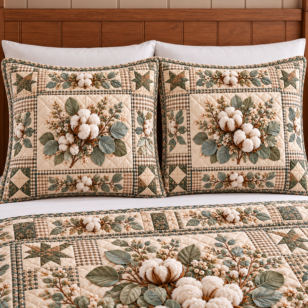 Two matching cotton boll pillow shams with sage green eight-point star quilt blocks, cream fabric and gingham patchwork borders