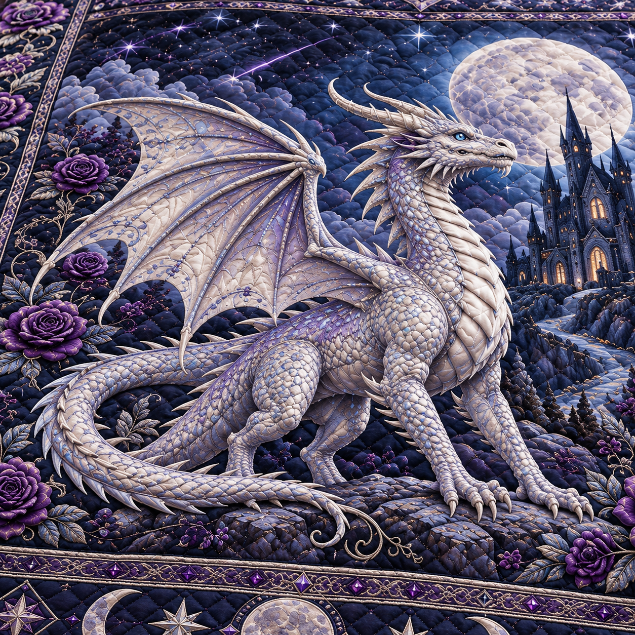 Detailed close-up of a silver-white dragon with moonlit castle scenery, purple roses and quilted fabric texture