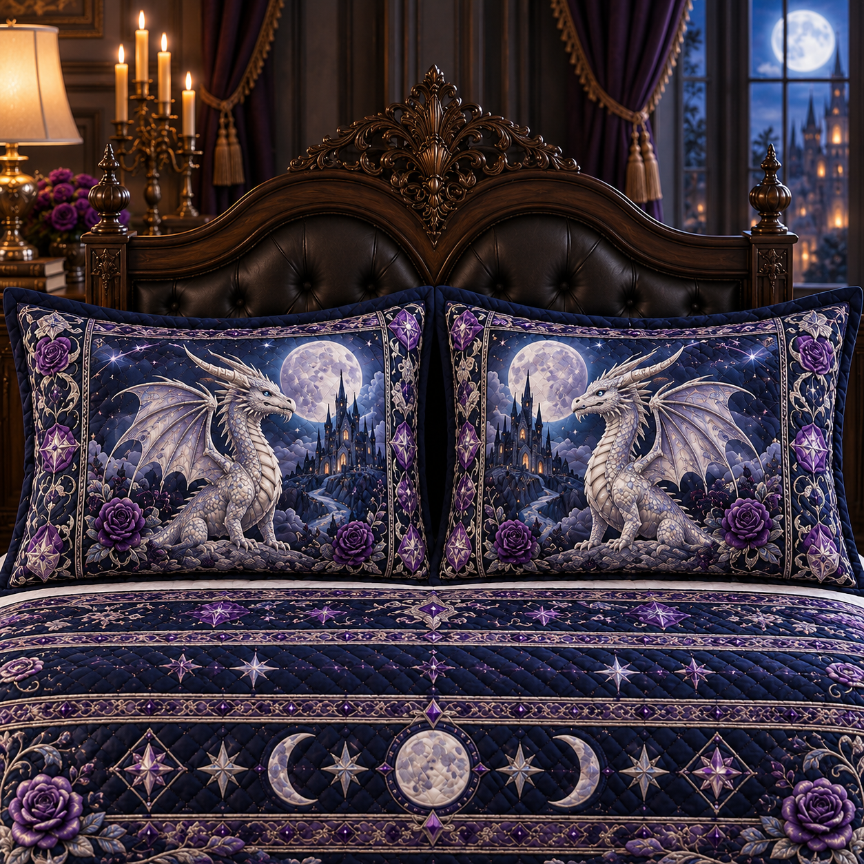 Two matching white dragon pillow shams with coordinated moonlit gothic castle patchwork borders