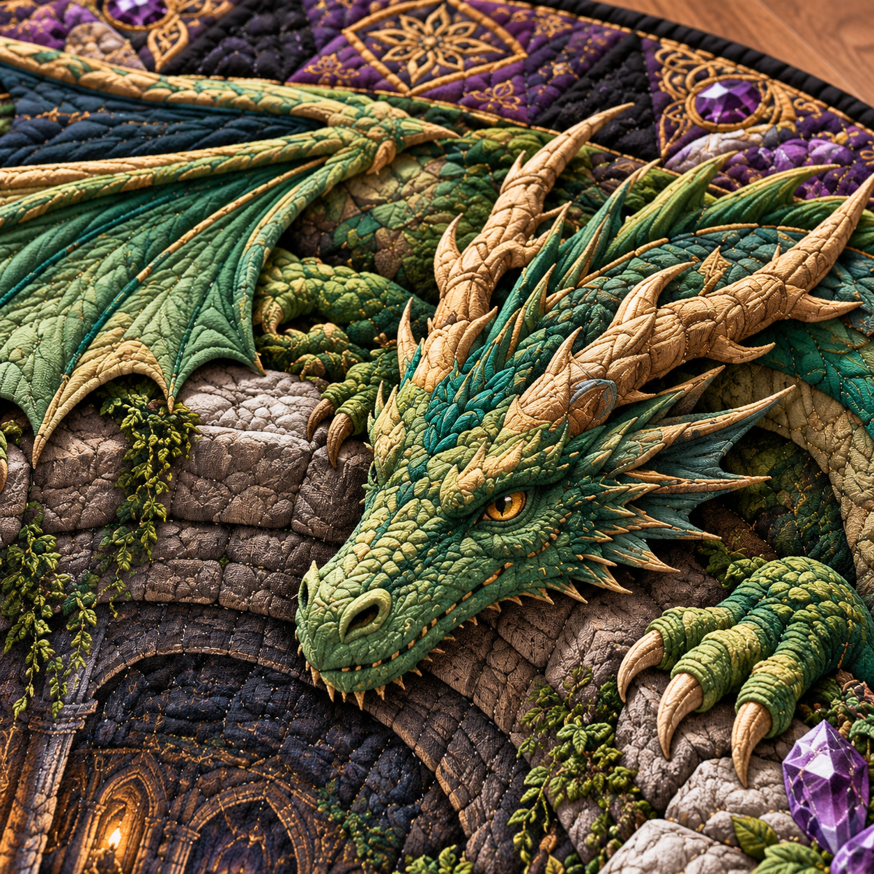 Emerald dragon artwork close-up on 3D quilted round floor mat featuring green scales, golden horns and mythical gemstone detail