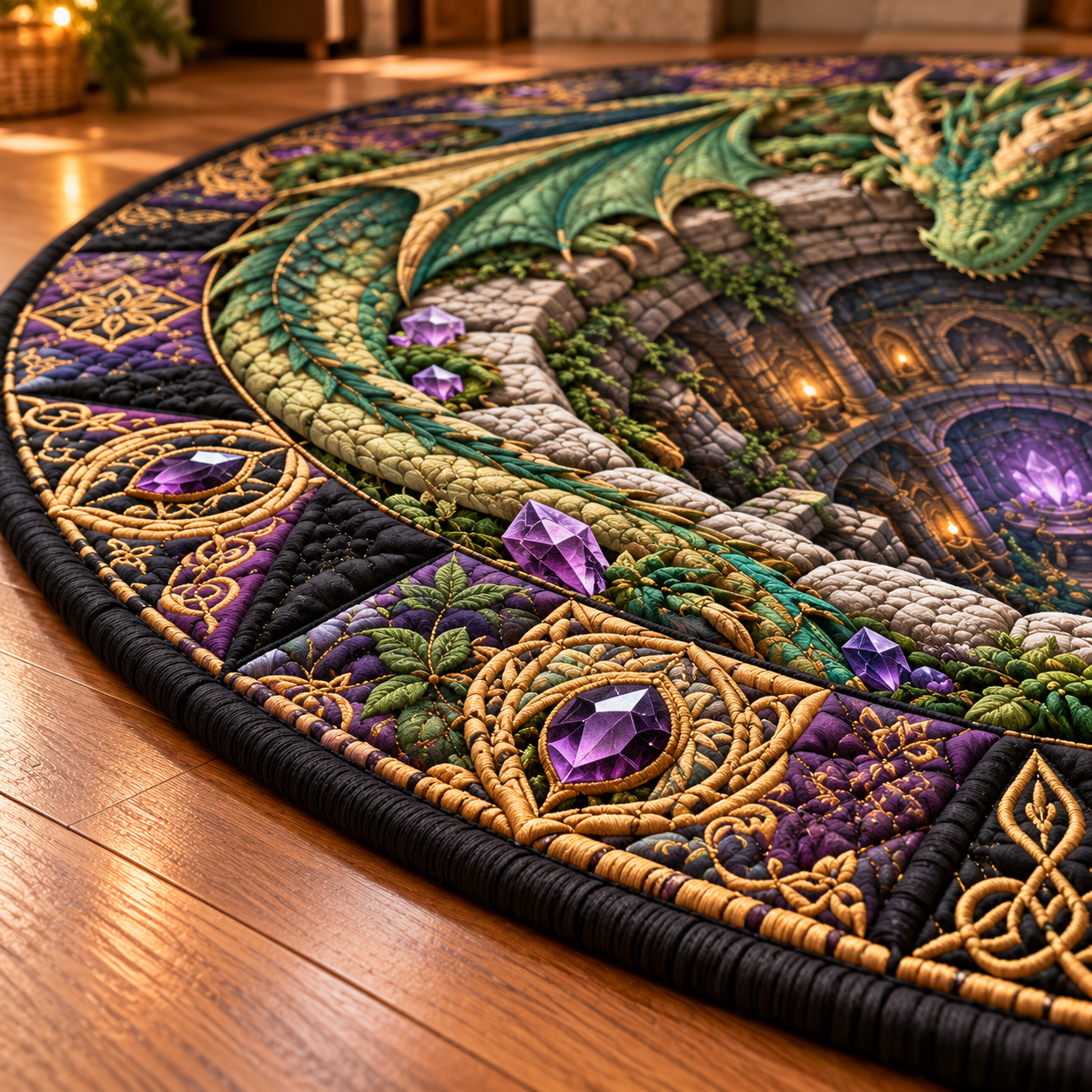 Detail view of fantasy dragon round floor mat showing dimensional dragon wing illustration, purple amethyst crystals and ornate gold violet circular border