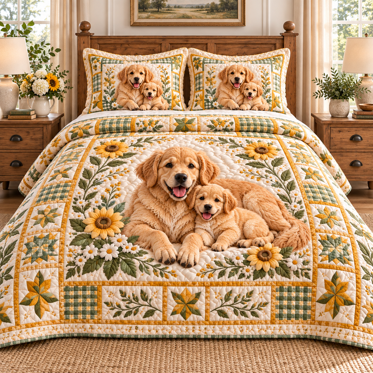 Golden Retriever Floral Patchwork Quilted Bedding 3 Piece Set