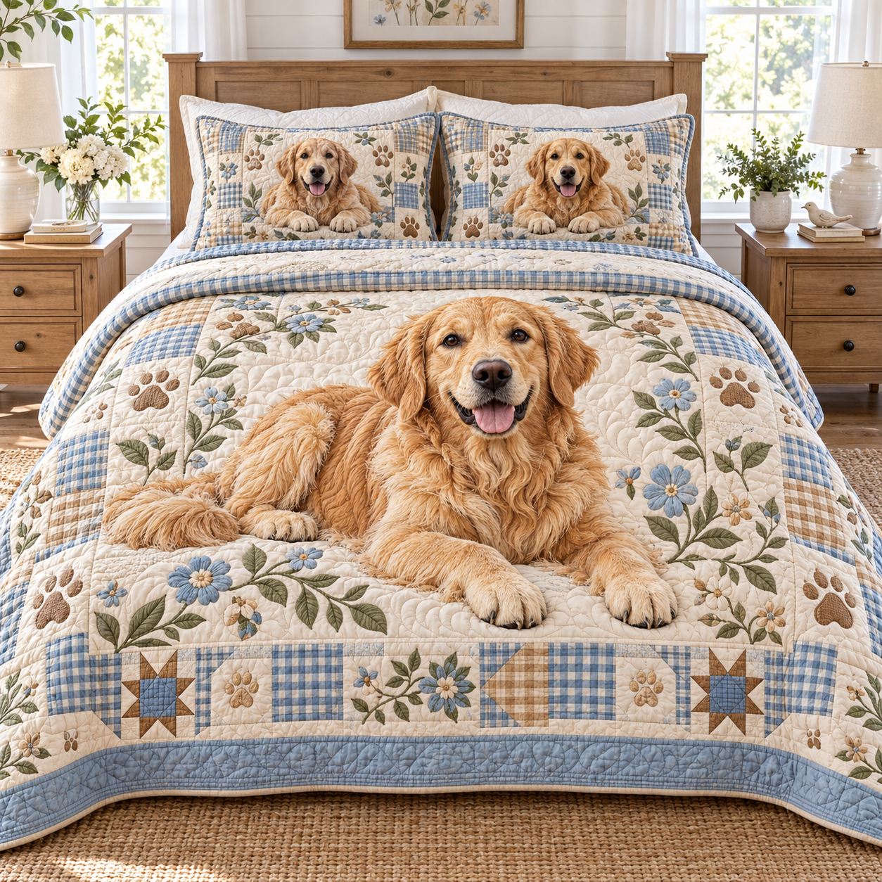 Golden Retriever Blue Gingham Floral Patchwork Quilted Bedding 3 Piece Set