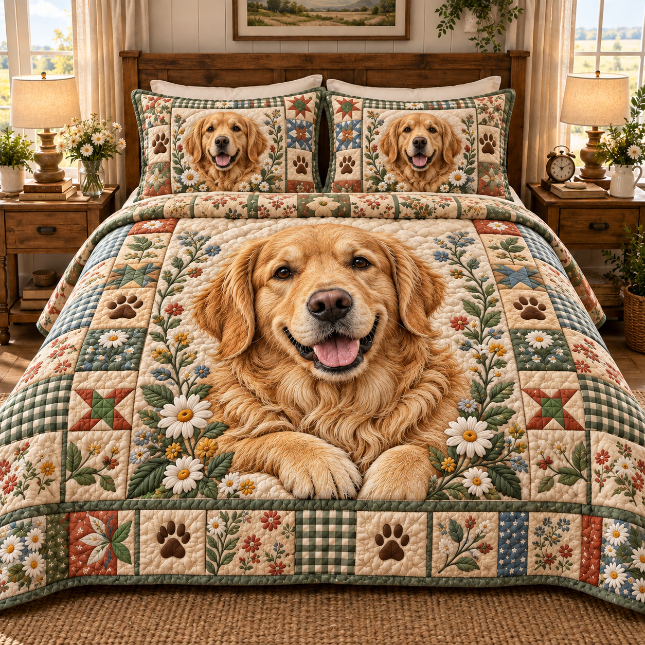 Golden Retriever Floral Patchwork Quilted Bedding 3 Piece Set