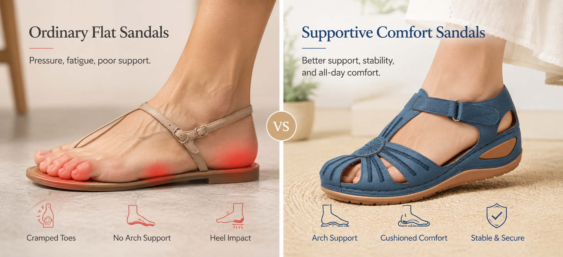 Fill with image showing pressure points on feet caused by unsupportive sandals
