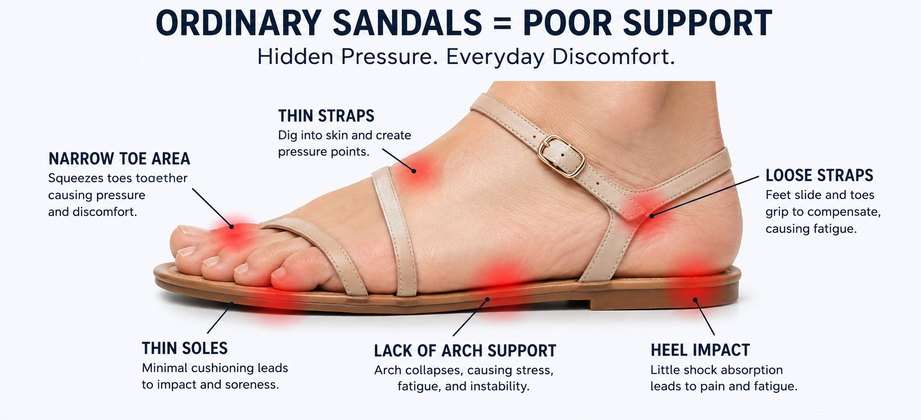 Fill with comparison image showing discomfort from flat or narrow summer sandals