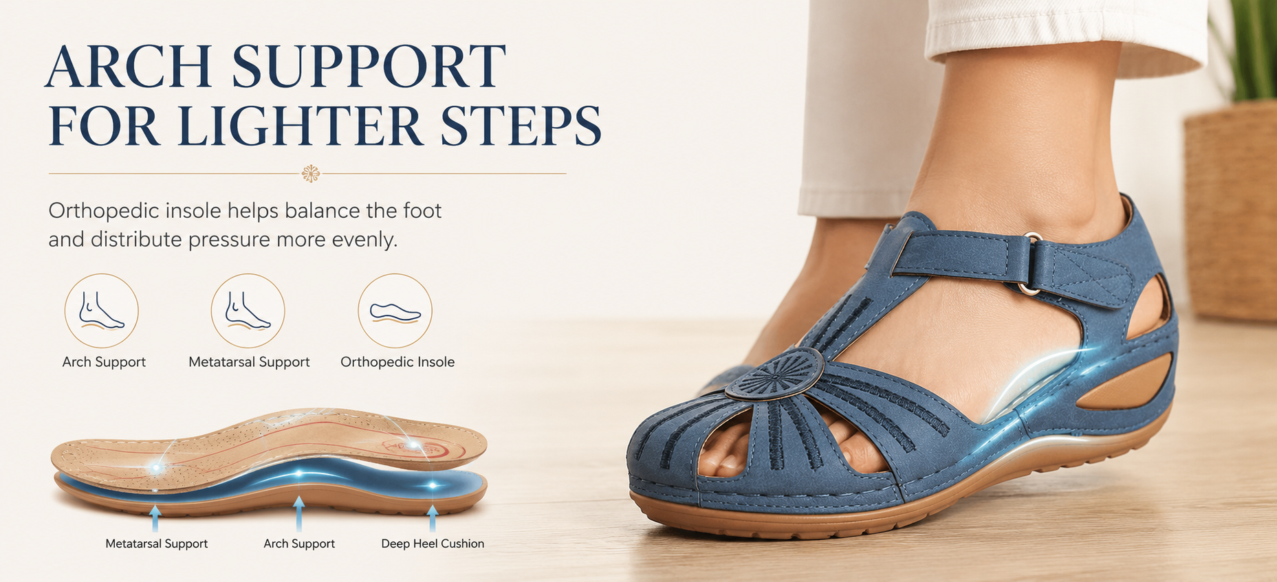 Fill with product image showing arch support and orthopedic footbed design