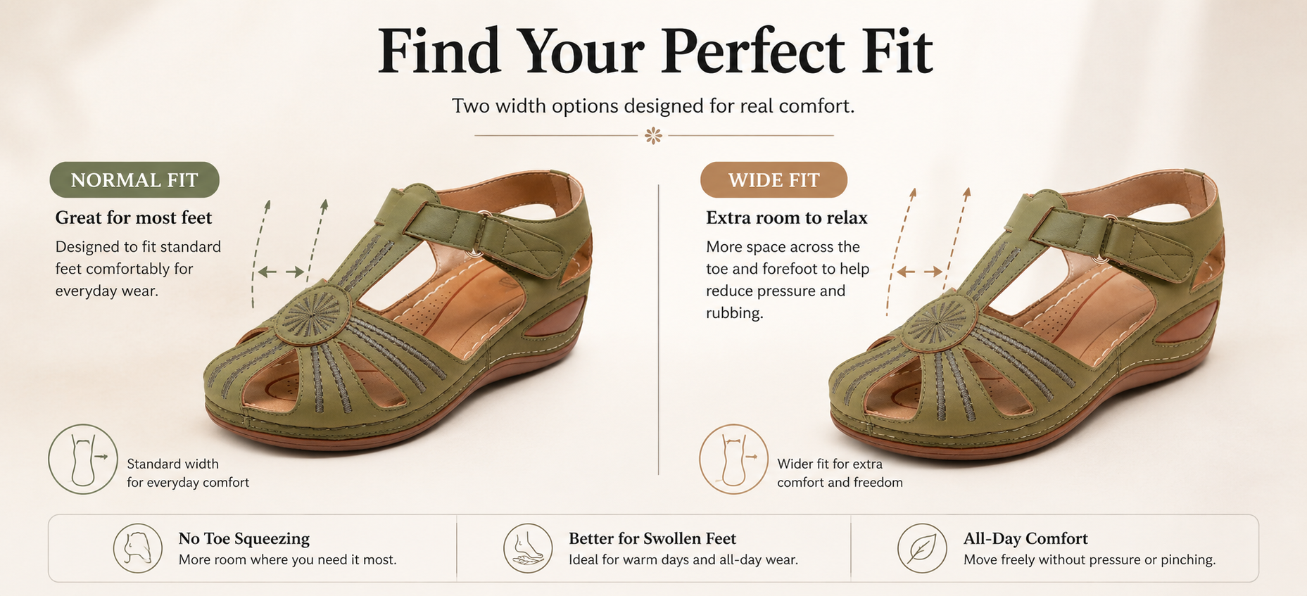 Fill with image showing normal and wide fit sandal options or roomy toe area