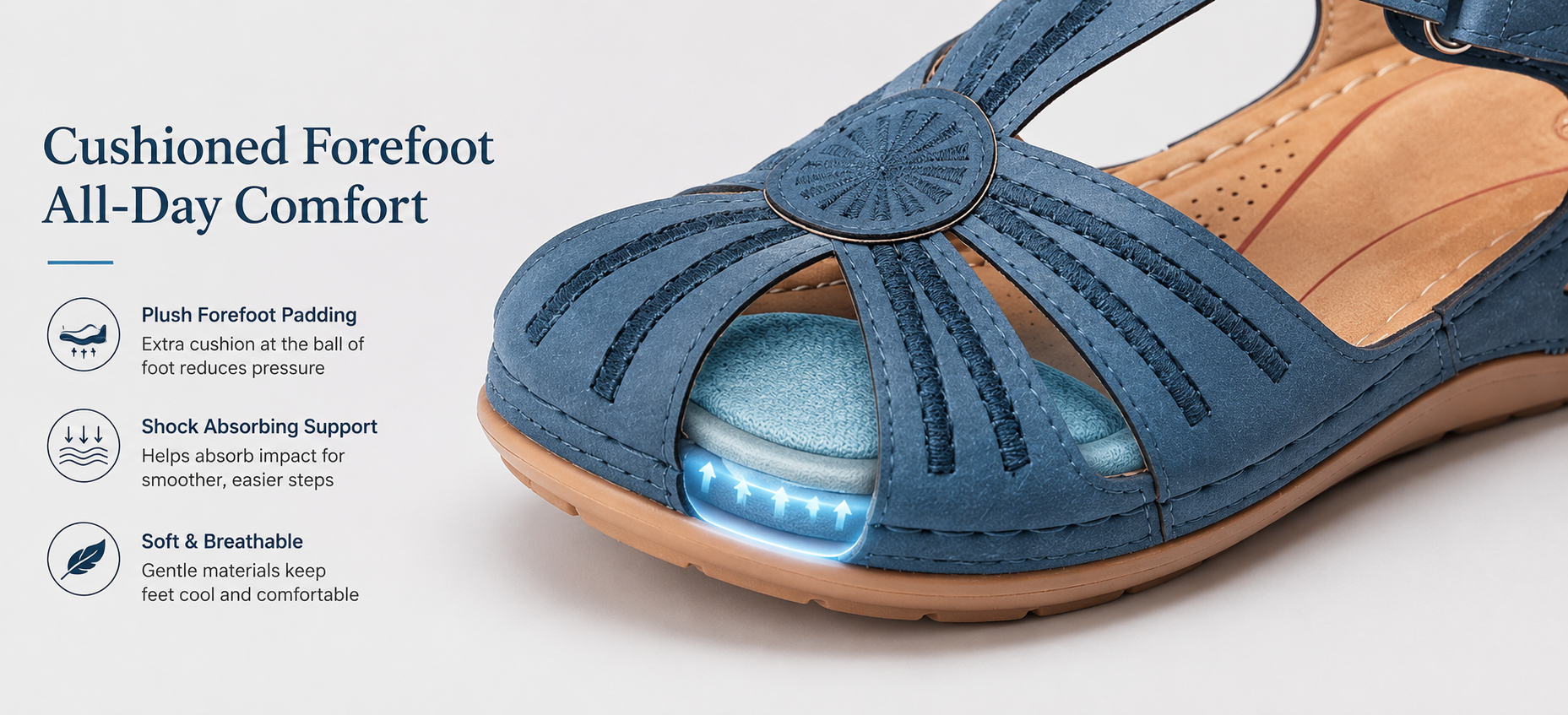 Fill with close-up image of cushioned forefoot or soft orthopedic sandal footbed