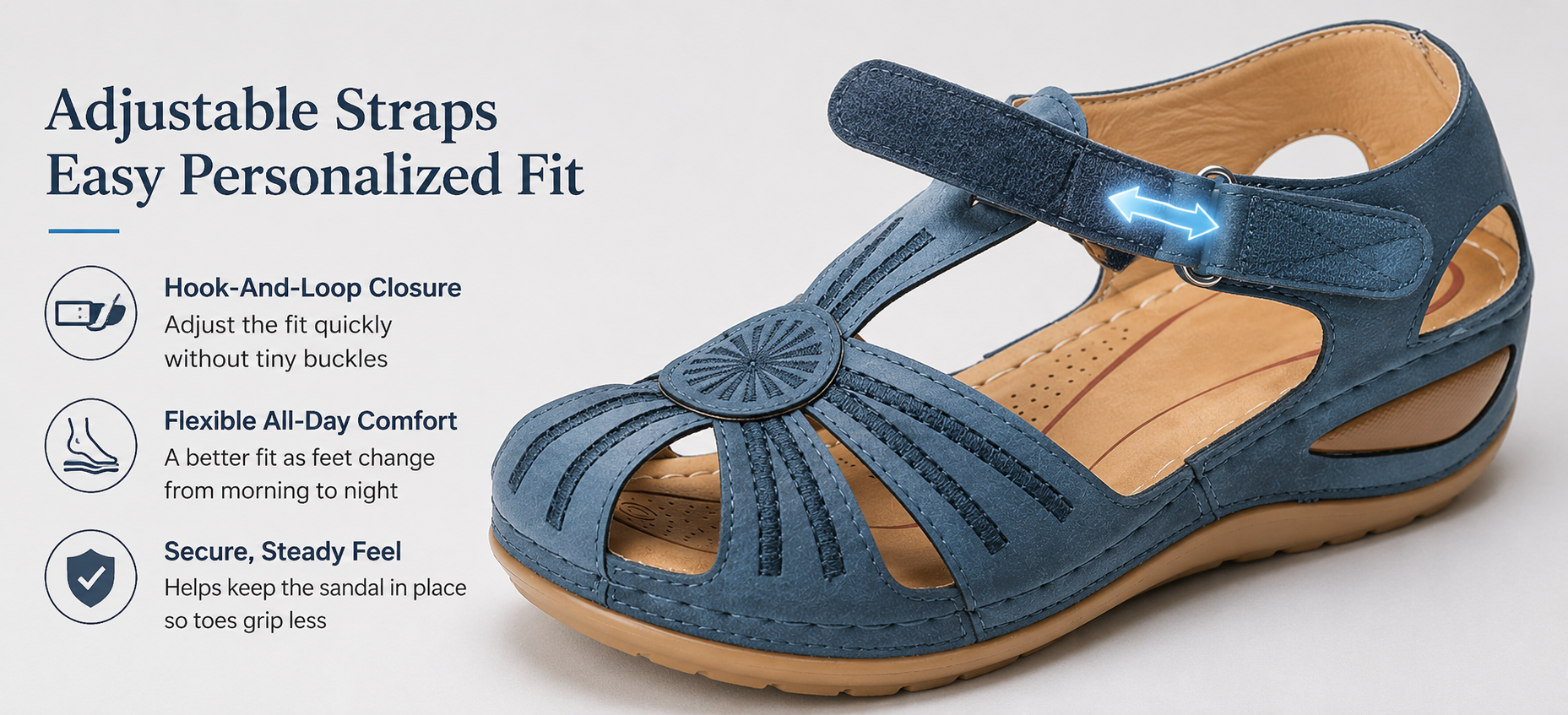 Fill with GIF or close-up showing adjustable hook-and-loop strap closure