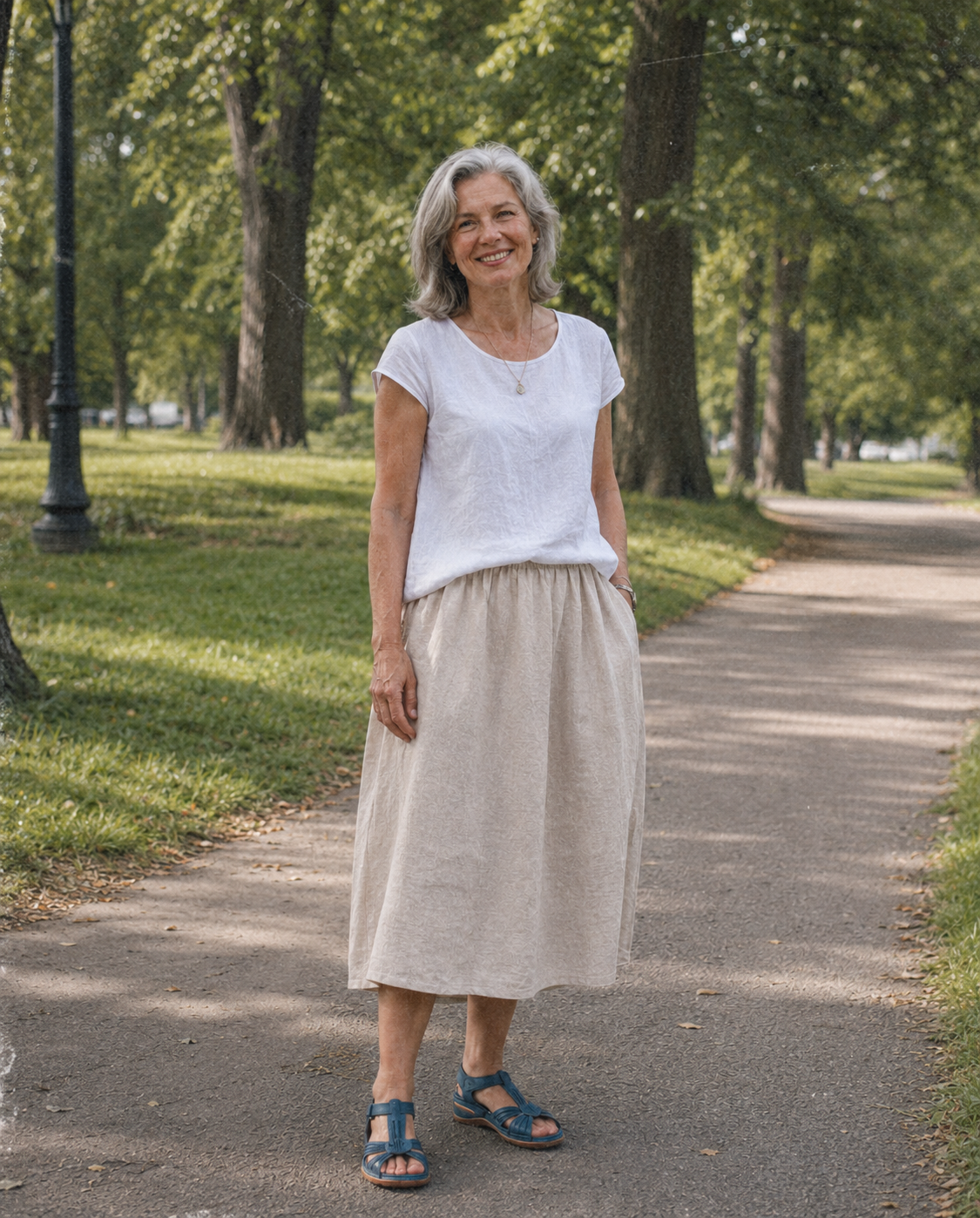 Fill with lifestyle image showing woman wearing lightweight vintage orthopedic sandals with summer outfit