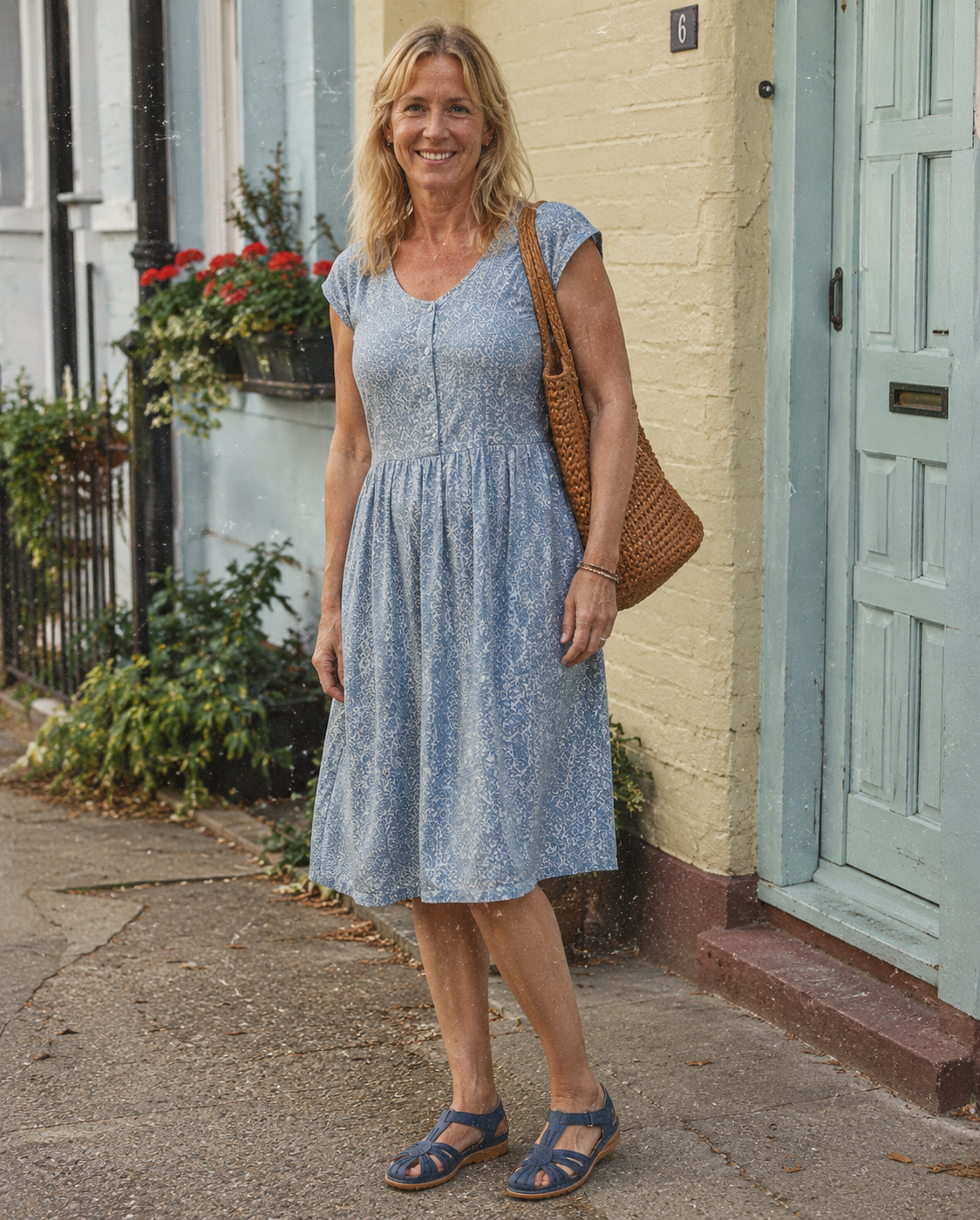 Fill with lifestyle image showing woman wearing lightweight vintage orthopedic sandals with summer outfit