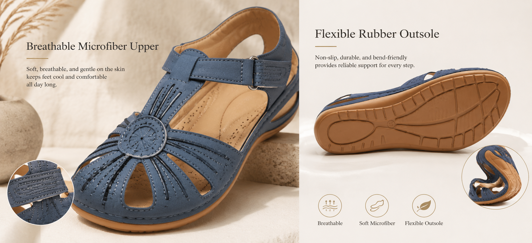 Fill with image showing breathable microfiber upper and flexible rubber outsole details