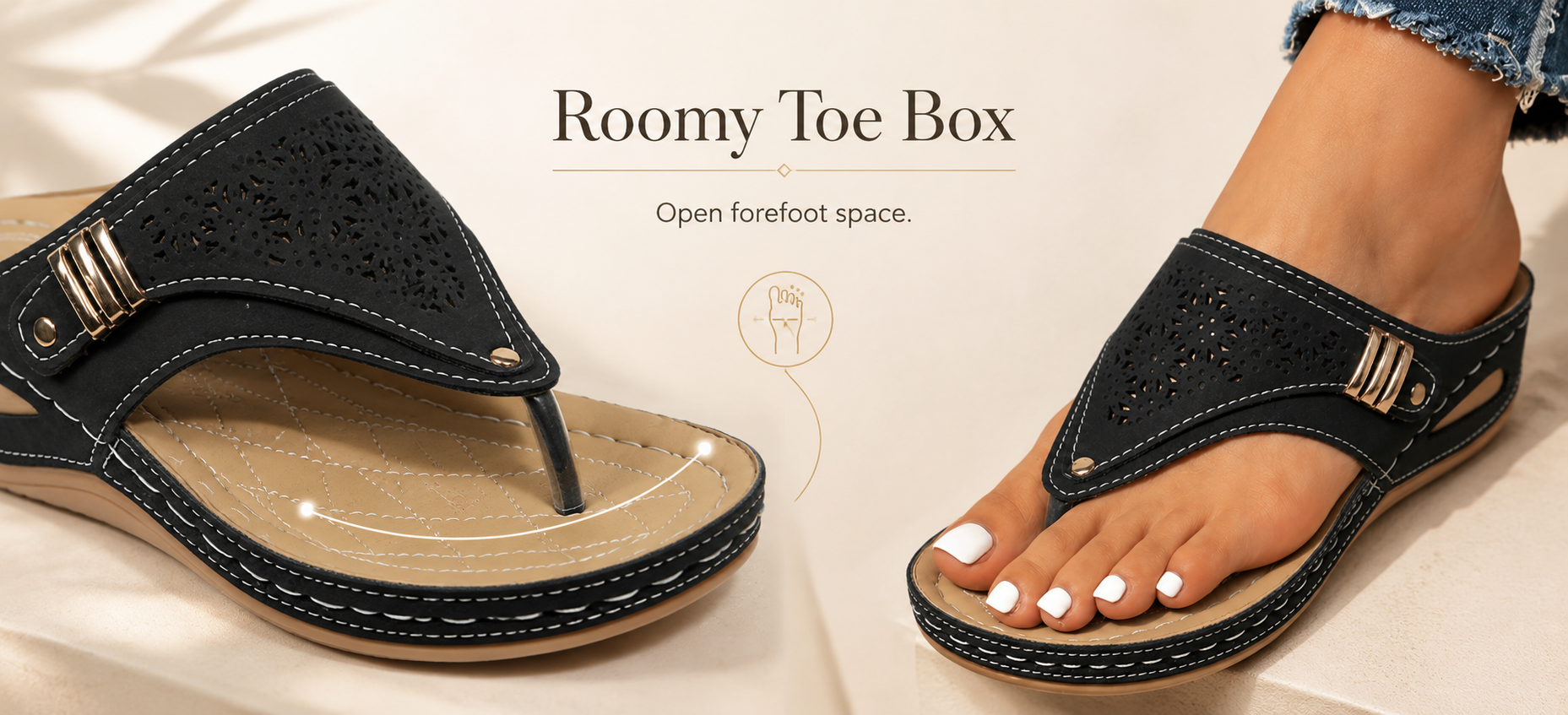 Suggested image: top-view product photo showing wide toe box and open forefoot space