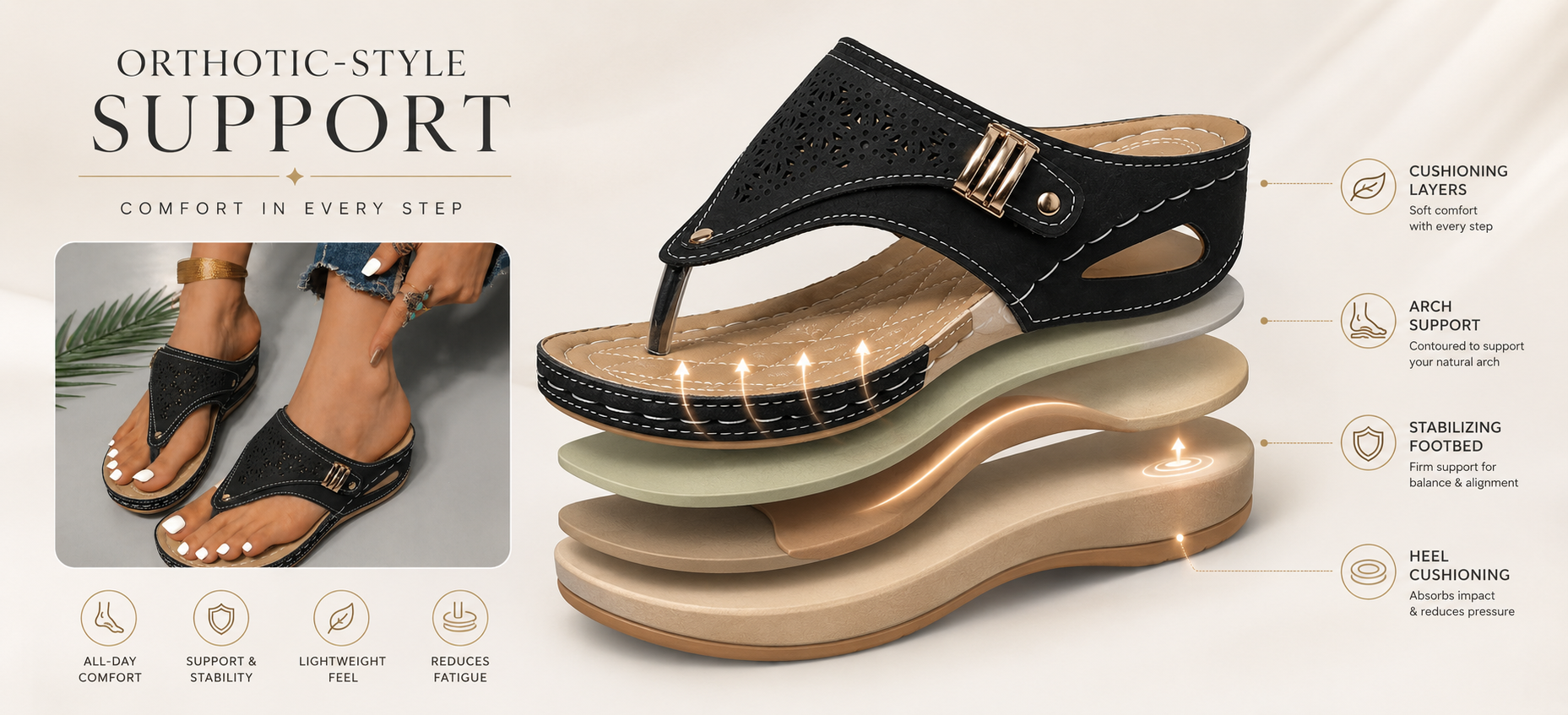 Suggested image: diagram showing arch support, heel cushioning, and pressure distribution