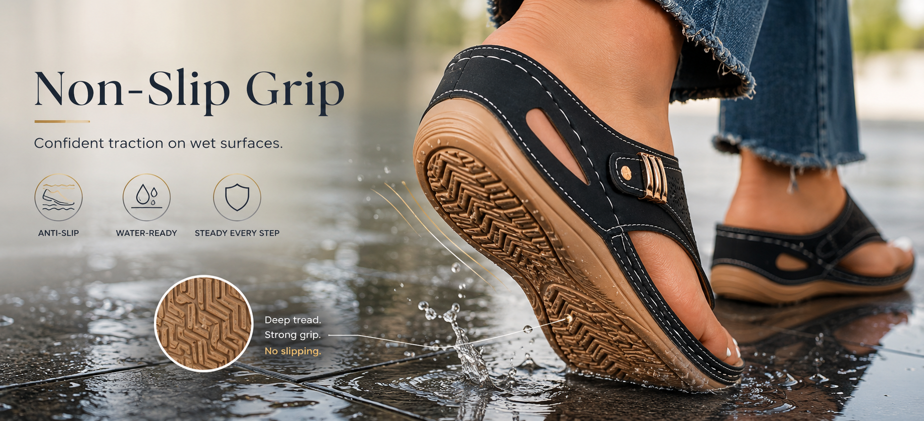 Suggested image: outsole tread close-up showing anti-slip pattern on wet tile or pavement