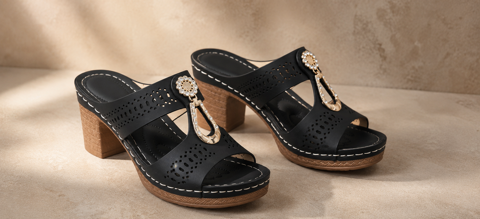 Suggested image: close-up of rhinestone upper detail on elegant orthopedic heel sandals