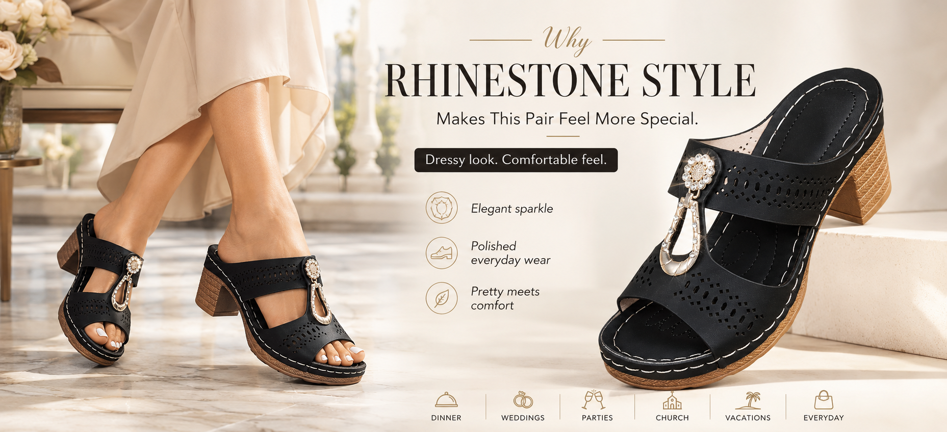 Suggested image: close-up of rhinestone upper detail on elegant orthopedic heel sandals