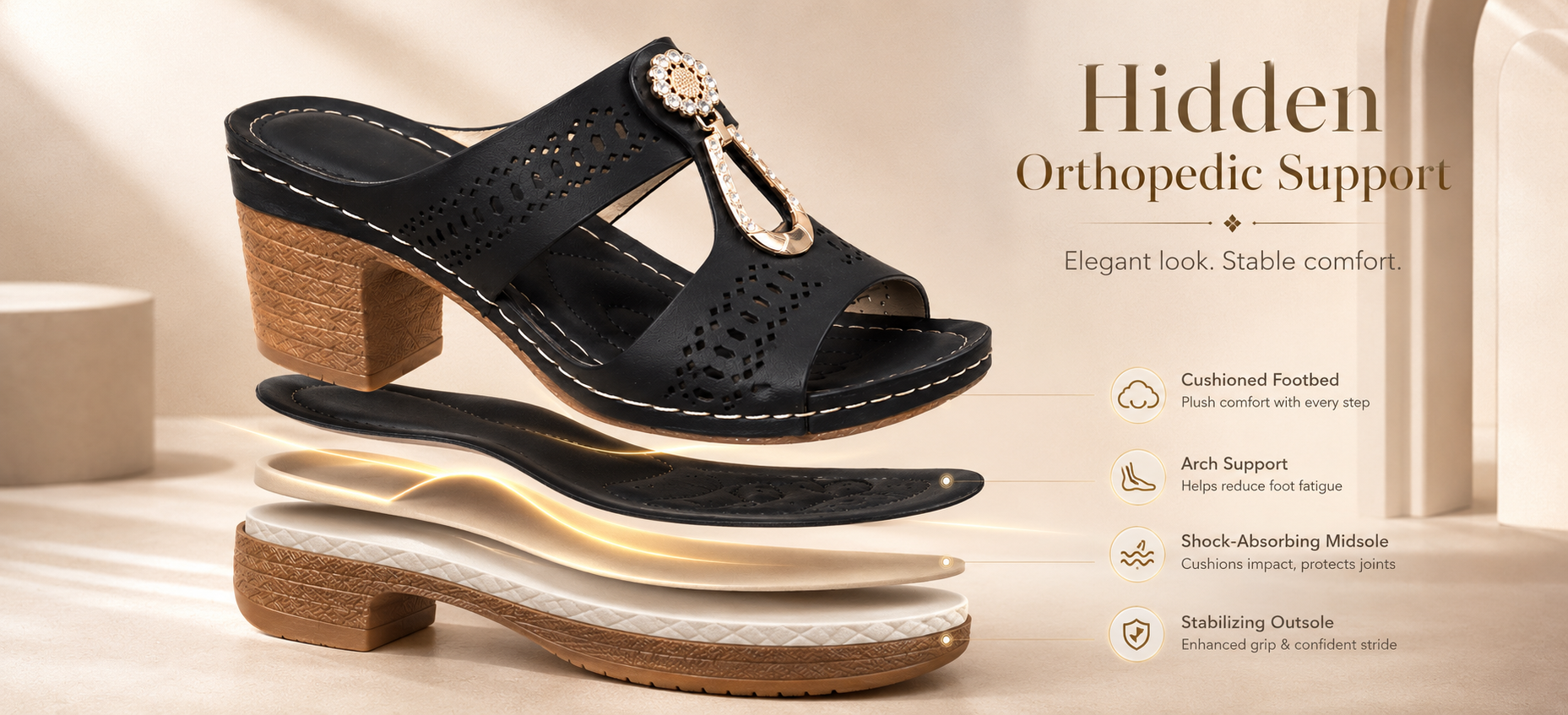 Suggested image: diagram showing cushioned footbed and orthopedic support inside rhinestone heel sandals