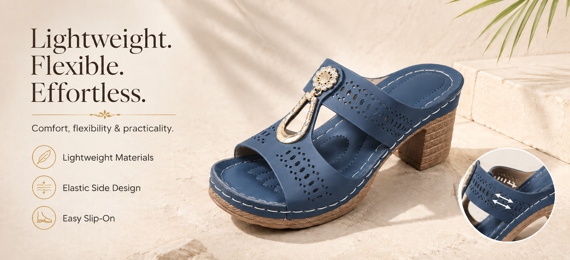 Suggested image: lightweight breathable upper and elastic side detail on rhinestone heel sandals
