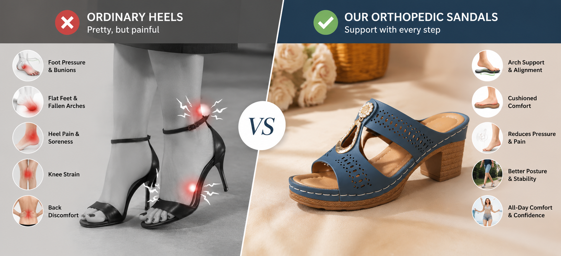 Suggested image: woman wearing rhinestone orthopedic heel sandals comfortably at an event