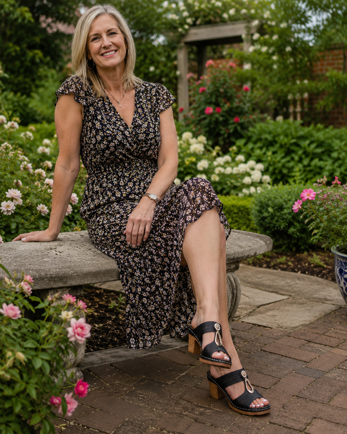 Suggested image: summer outfit photo showing rhinestone heel sandals styled with a light dress or vacation look