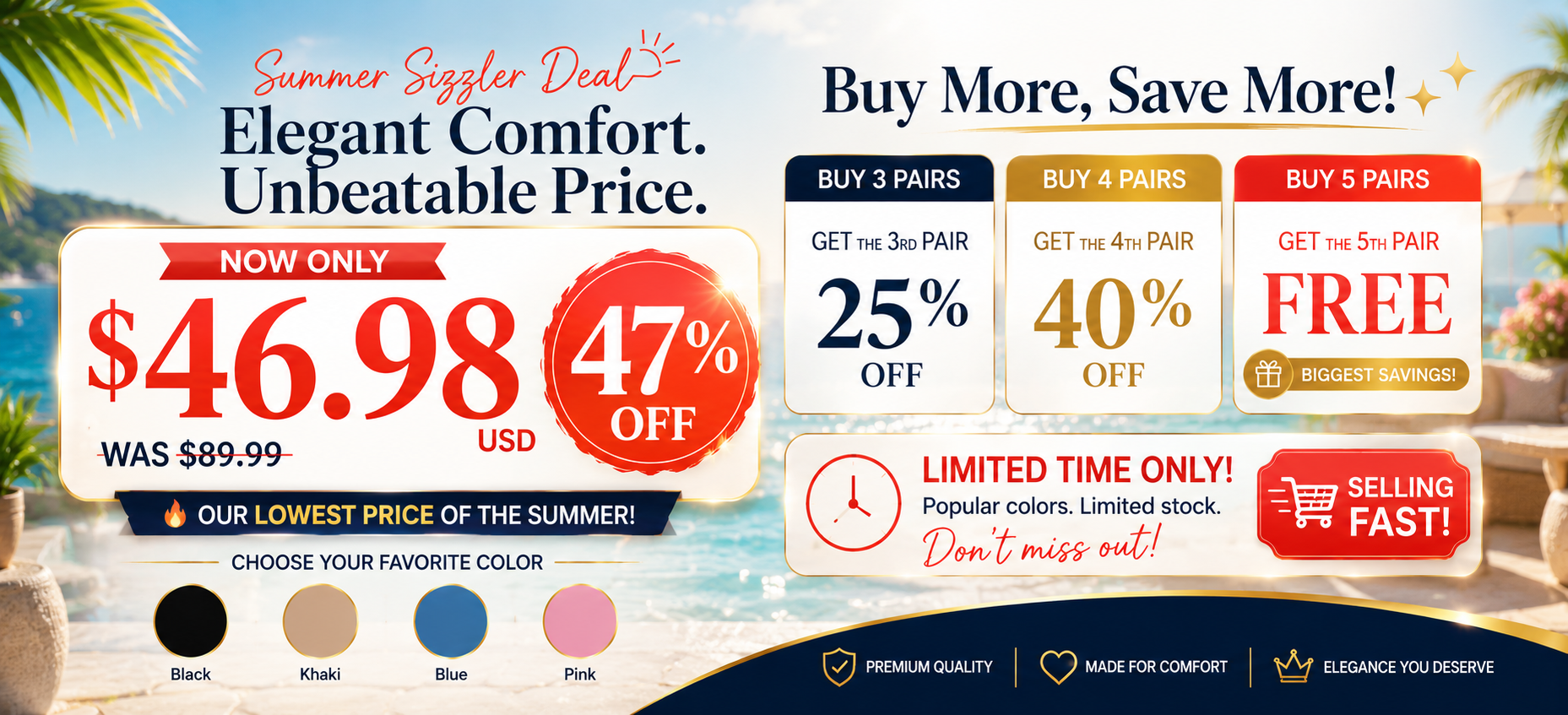 Suggested image: product offer graphic showing $46.98 sale price, 47% OFF, colors, and buy-more-save-more deal