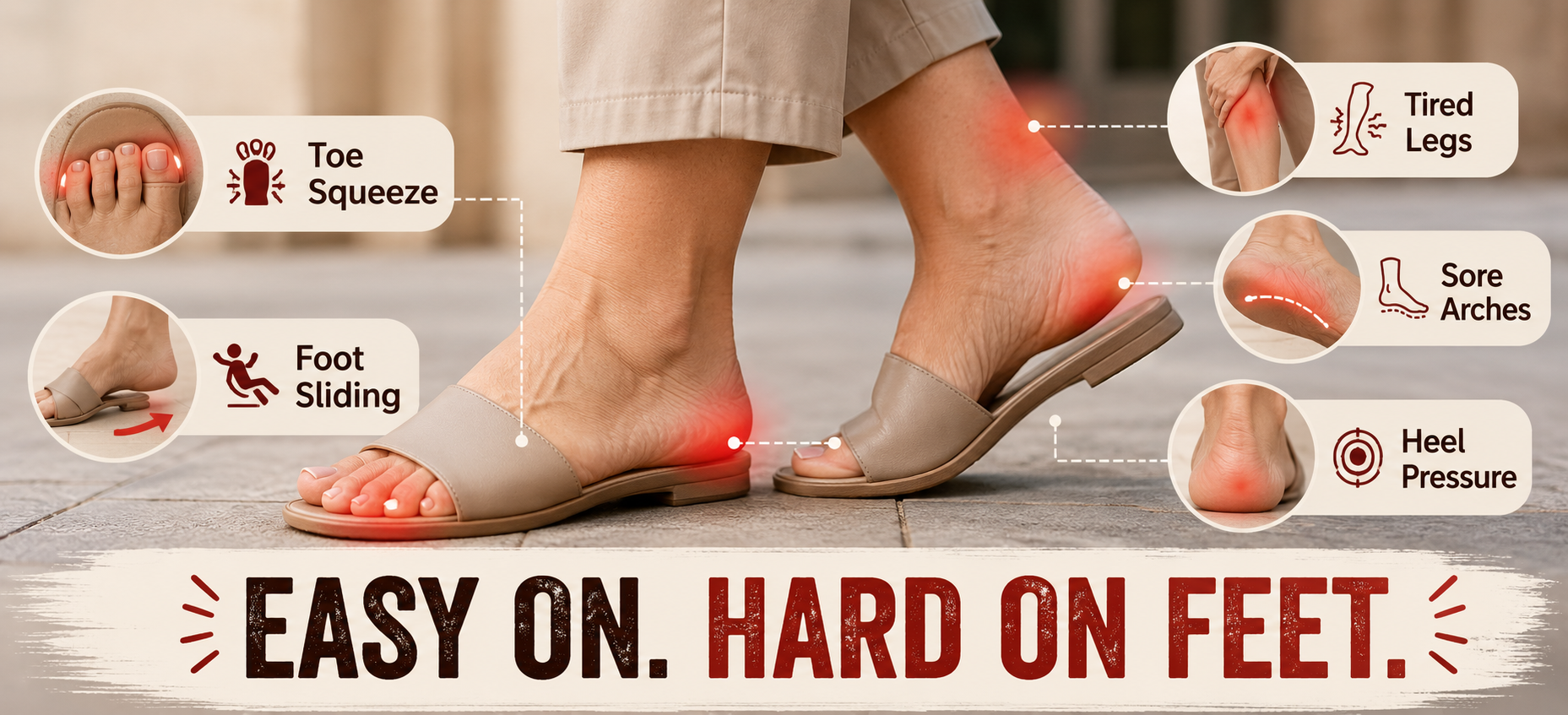 Suggested image: woman touching tired feet after wearing unsupportive summer sandals