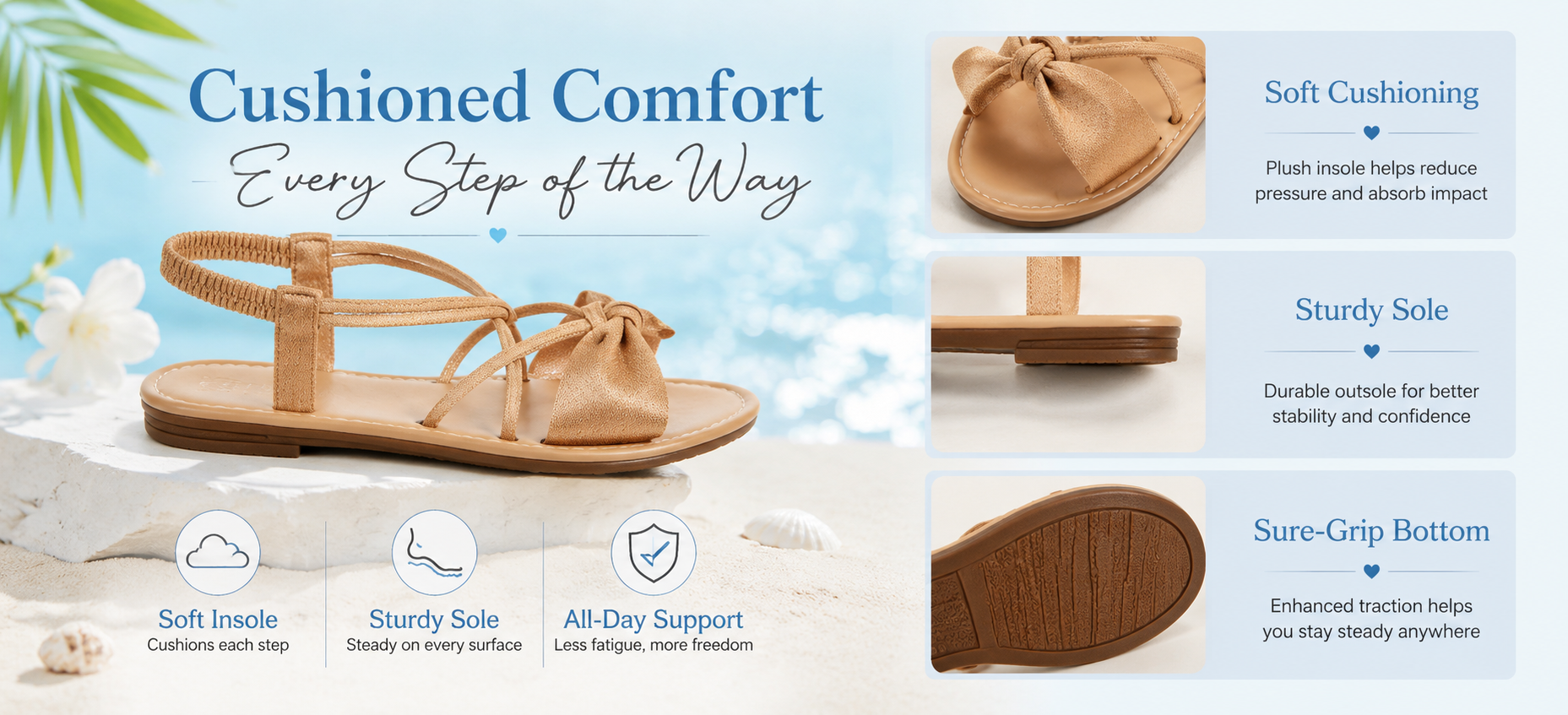 Suggested image: side cutaway showing cushioned sole and sturdy outsole support for knot-front sandals