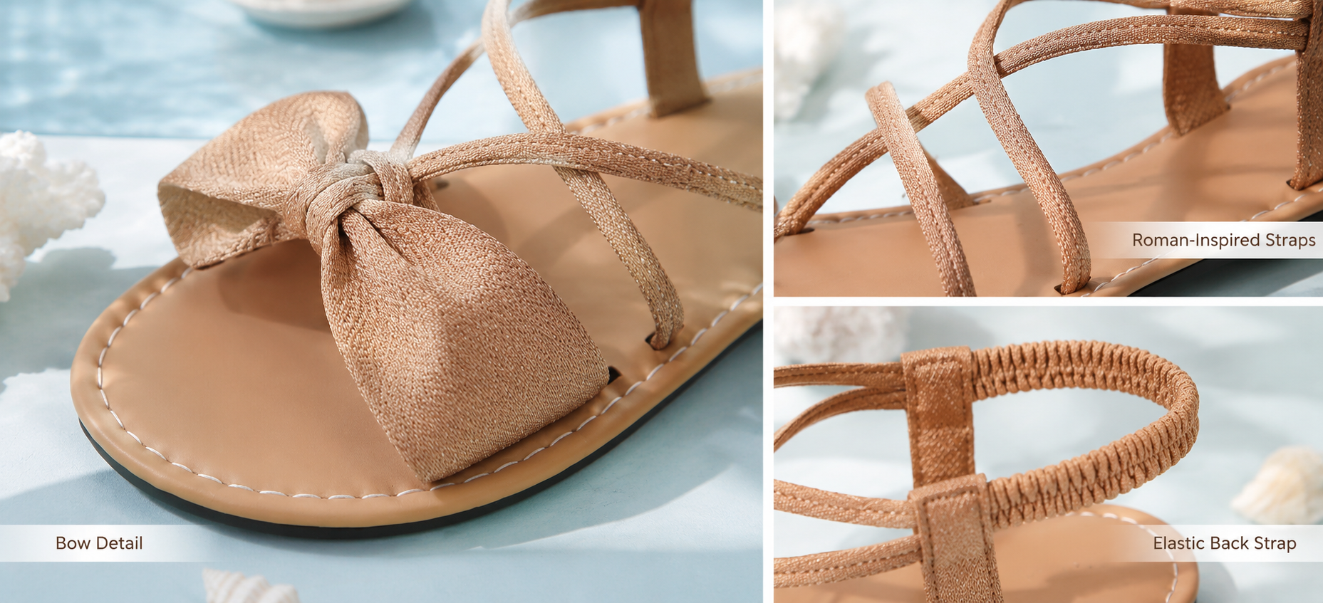 Suggested image: close-up of large knot bow toe detail and slim crossing straps on the sandal