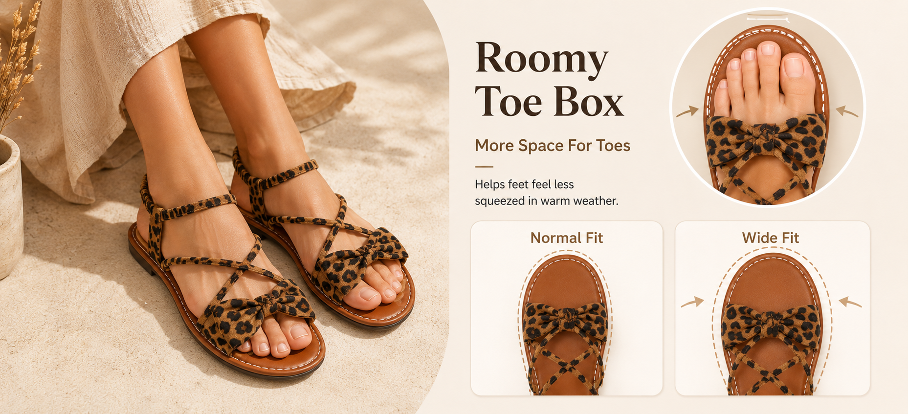 Suggested image: top-view product photo showing roomy toe box and normal wide fit options