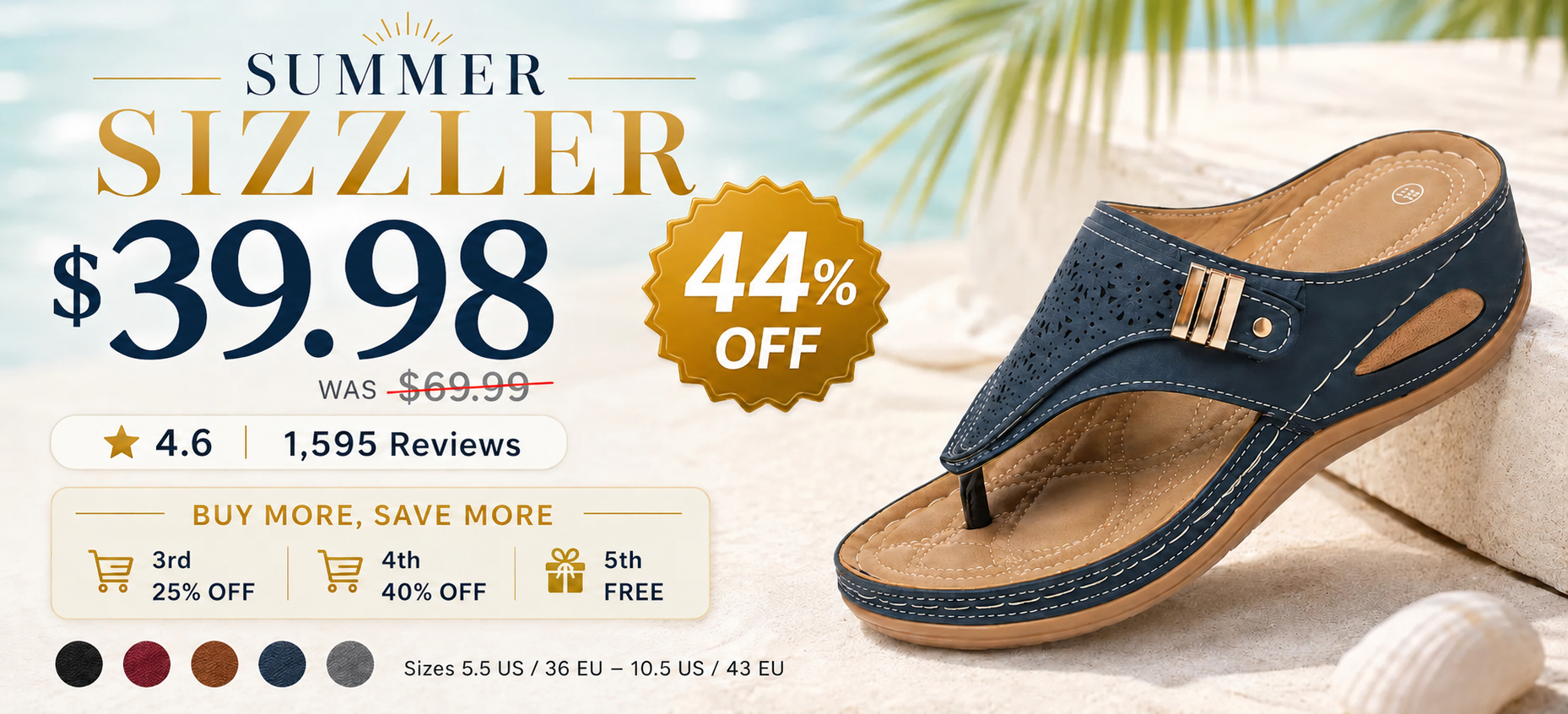 Suggested image: product offer graphic showing $37.98 sale price, 44% OFF, buy-more-save-more deal, and available colors