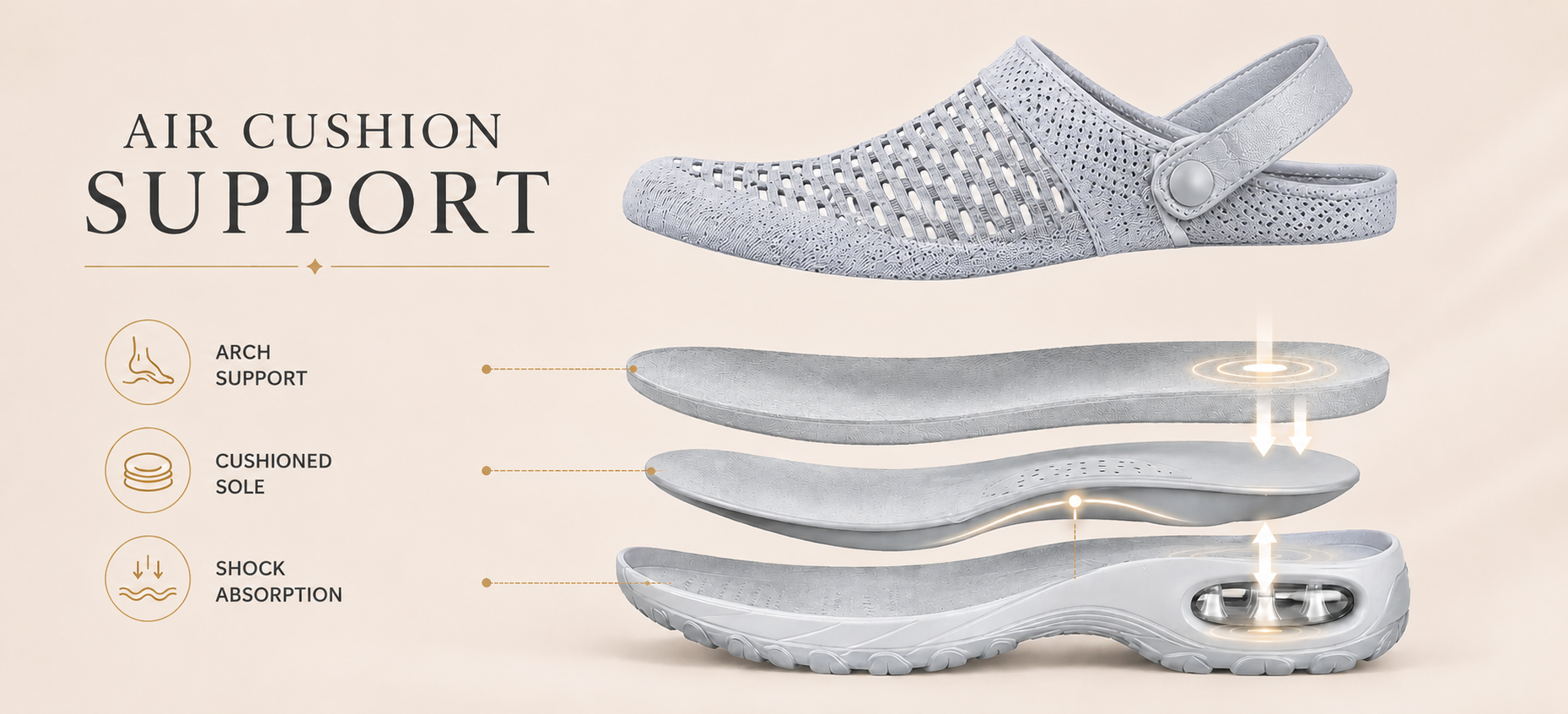 Suggested image: close-up diagram or product photo highlighting the air-cushion sole