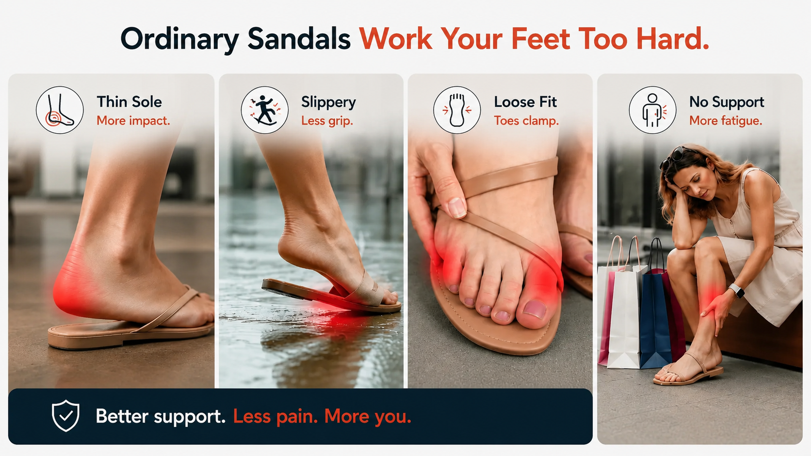 image showing tired feet after wearing thin ordinary flat sandals