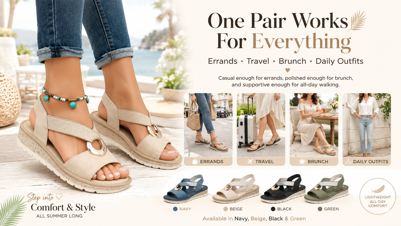 image showing navy beige black and green color options styled with summer outfits