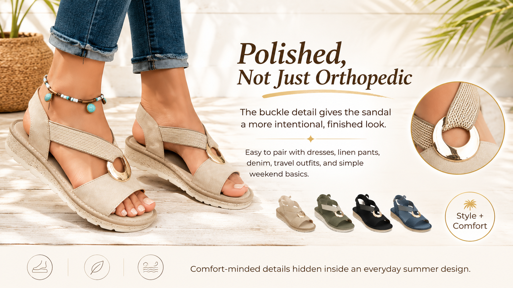 lifestyle image of a woman styling metal buckle flat sandals with a summer outfit