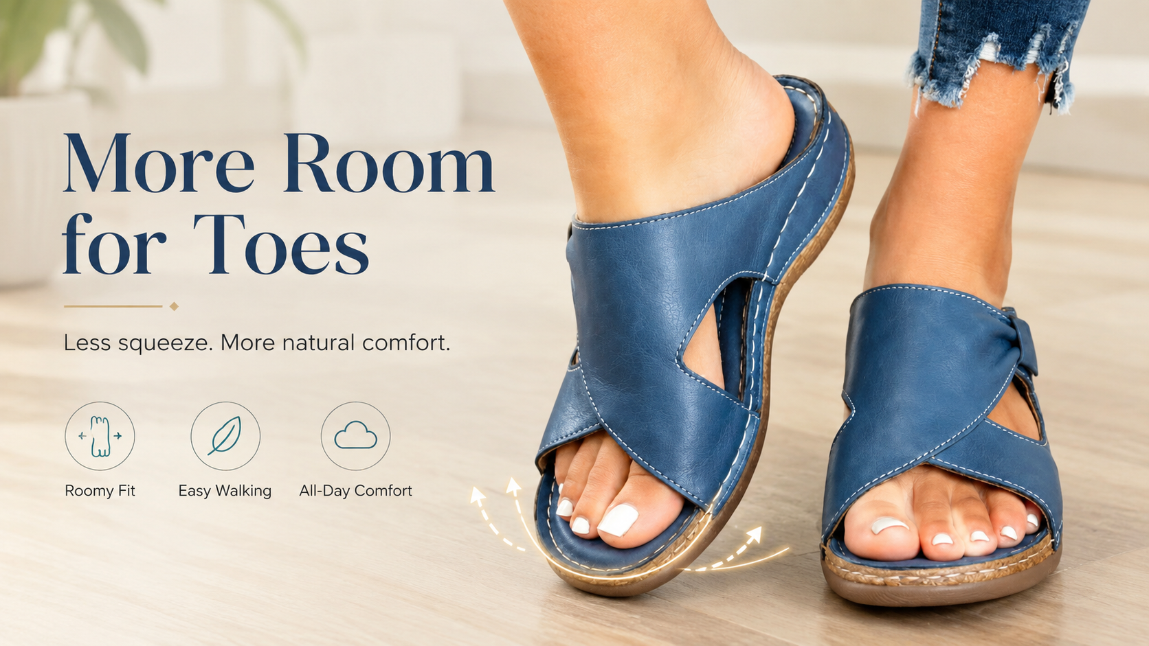 Suggested image: close-up top view of the sandal on foot showing roomier toe space and less squeezing around the front of the foot