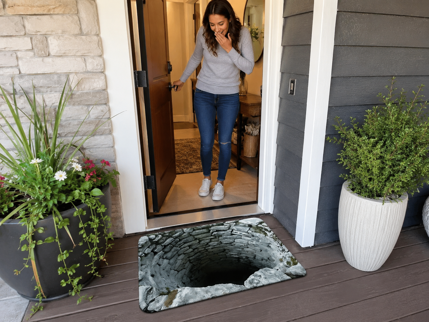 Hero image: show the Endless Abyss 3D printed non-slip doormat placed at a front doorway with a guest reacting
