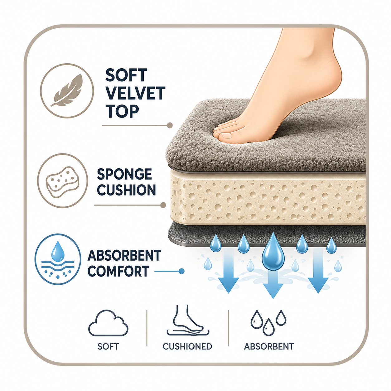 Icon image: use an icon representing soft velvet top, sponge padding, and absorbent comfort