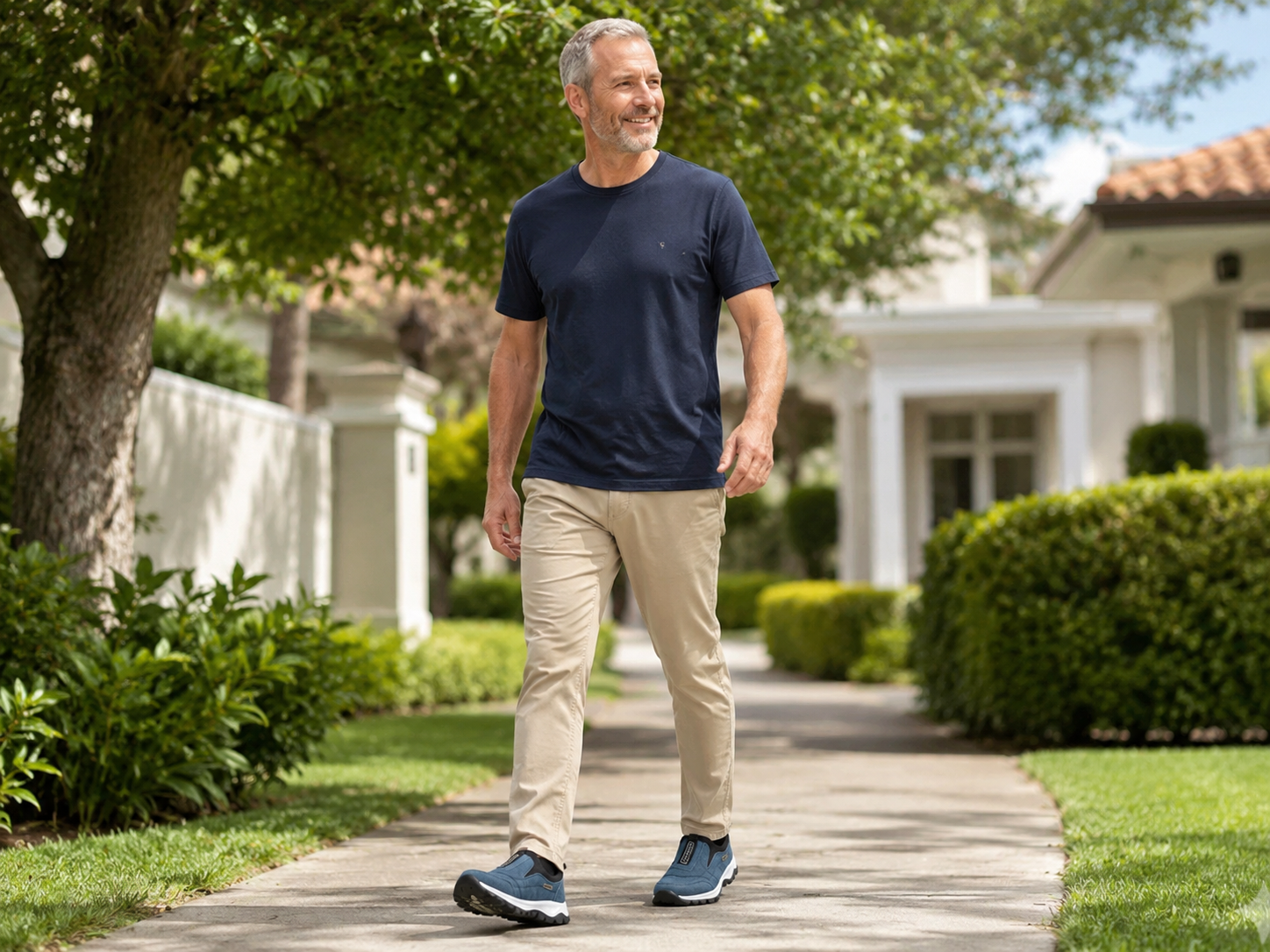 Suggested image: lifestyle image of an older man walking on pavement with relaxed posture