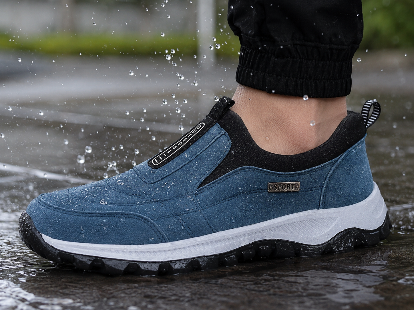Suggested image: close-up of the walking shoes stepping on a damp sidewalk with water droplets