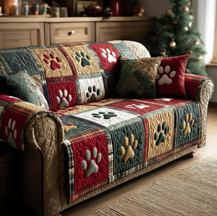 Vintage Blue Pet Paw Sofa Throw, Patchwork Quilted Couch Cover