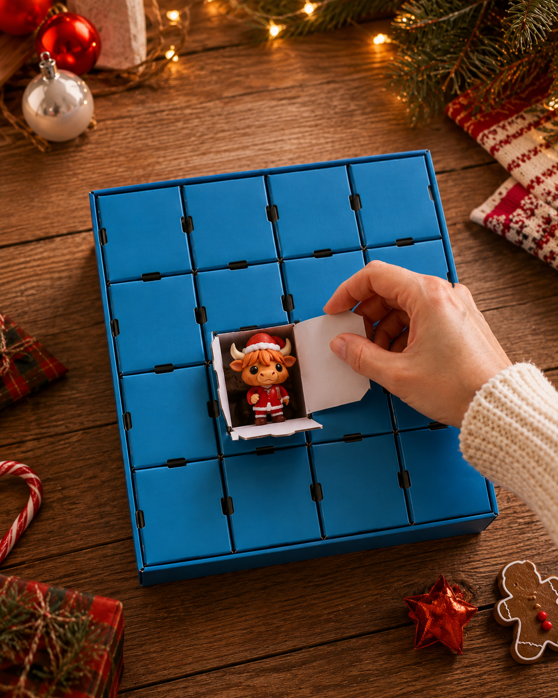 Suggested image: close lifestyle shot of a hand opening one numbered Advent Calendar door and revealing a mini Highland Cow figure