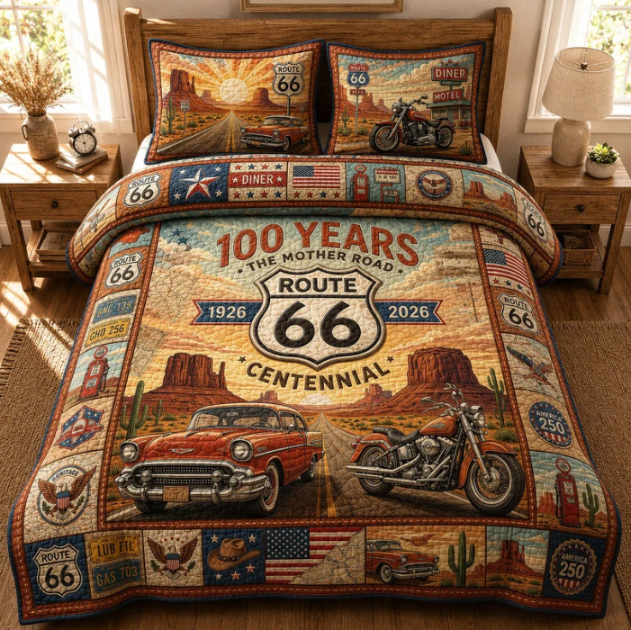 Vintage Route 66 American Motorcycle & Classic Car 3-Piece Quilted Bedding Set