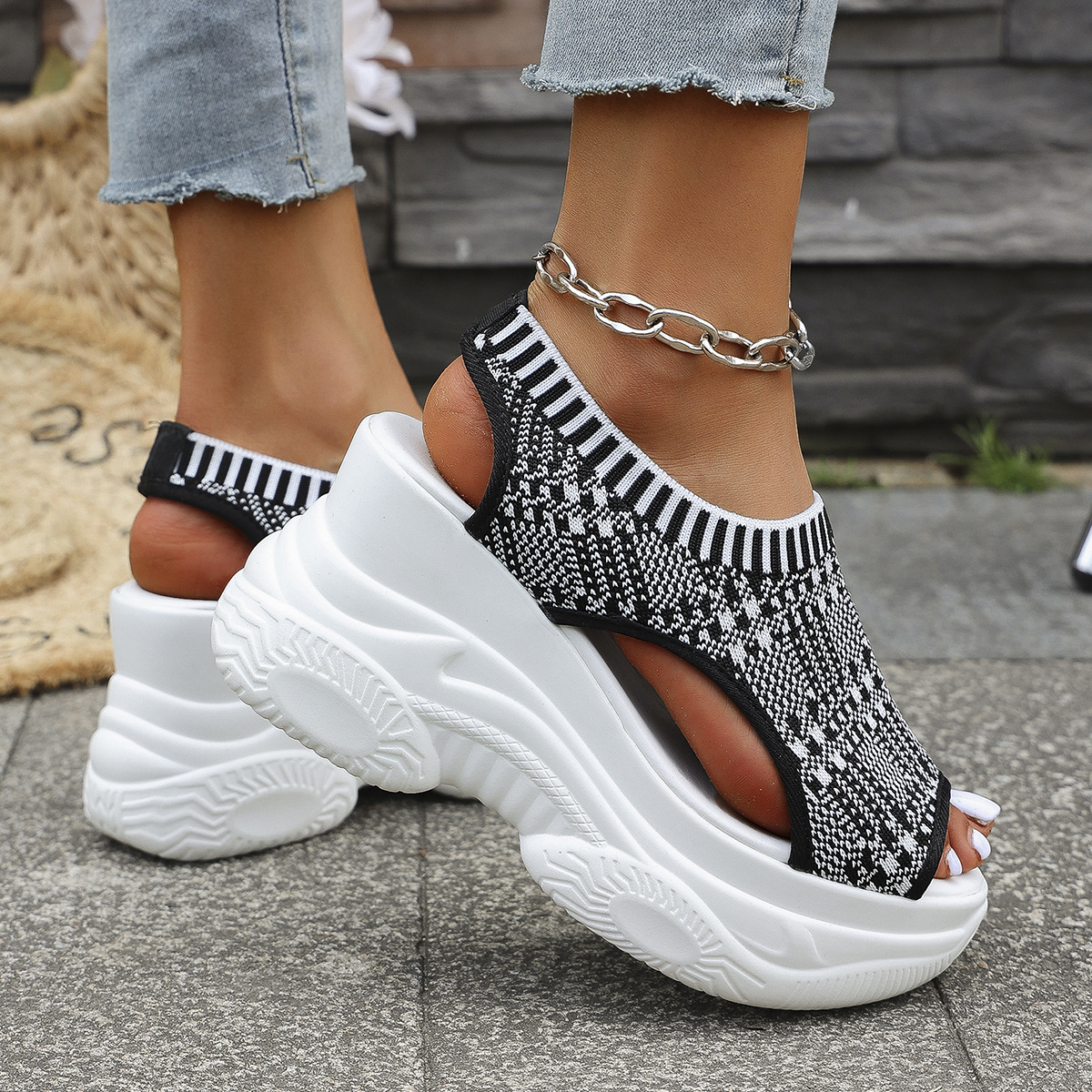 Breathable Knit Platform Wedge Sandals – Easy Slip-On with Arch Support